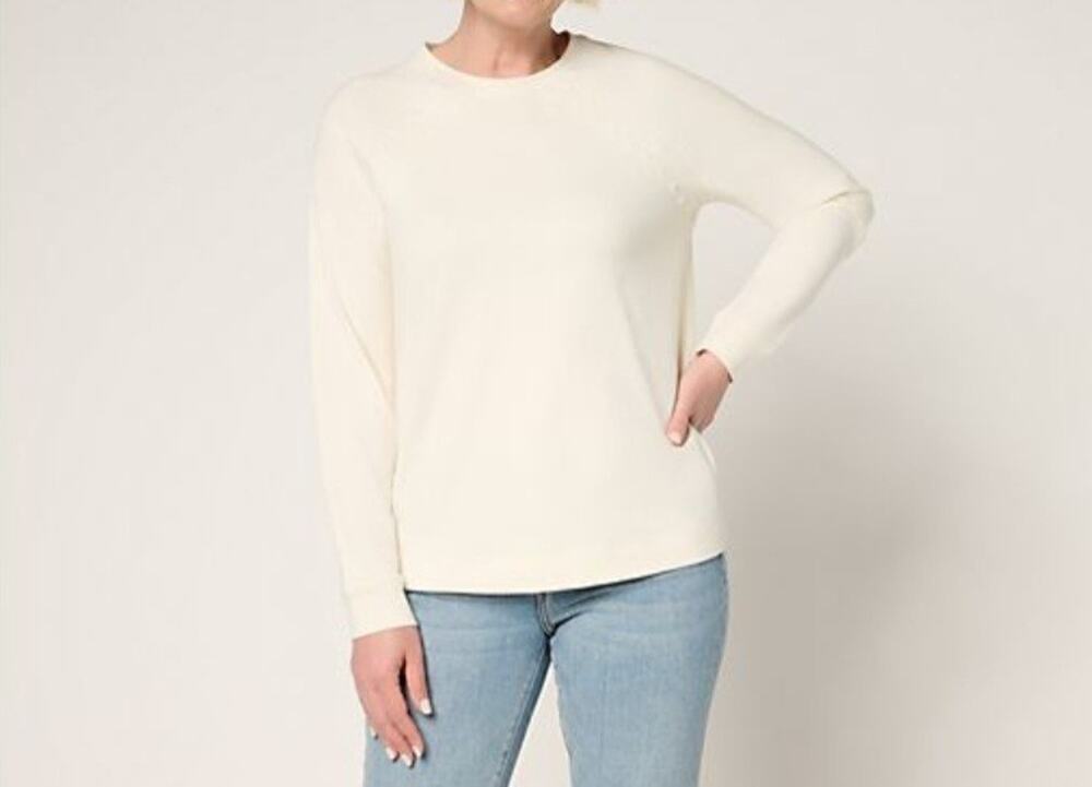Denim & Co XS Natural Active French Terry Pullover With Embroidery A692780 NWOT